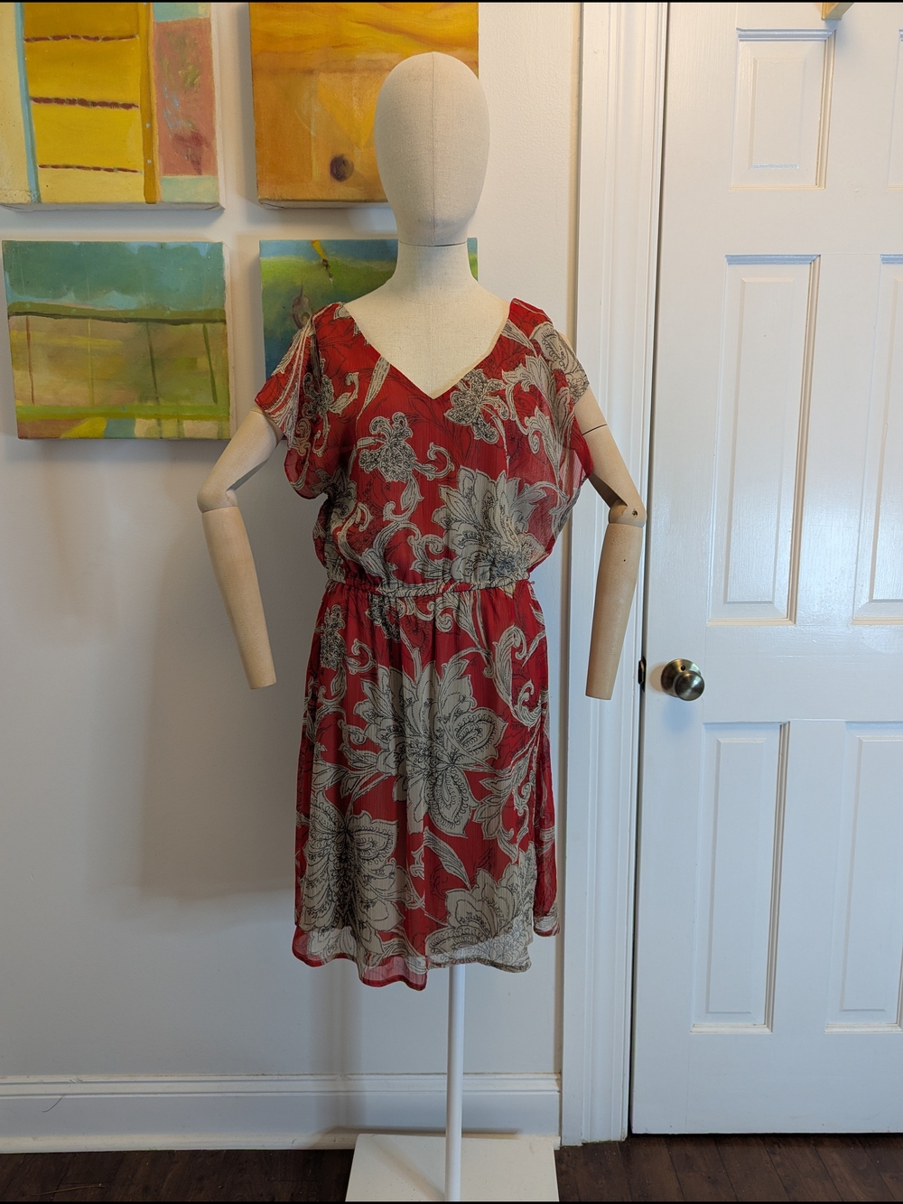 Madison Tan And Red Floral V-Neck Dress
